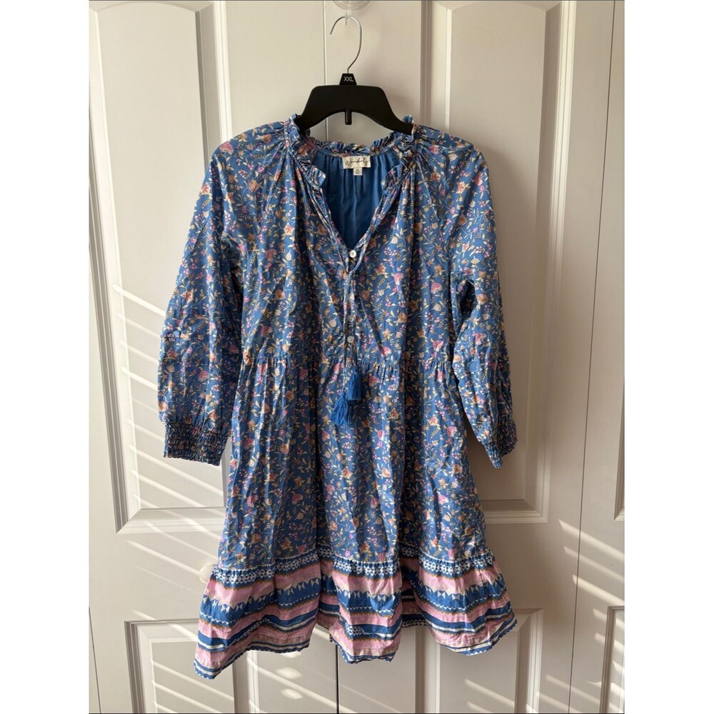 Wonderly Blue Floral Tiered Tassel Dress Size XS 100% Cotton - Picture 1 of 4